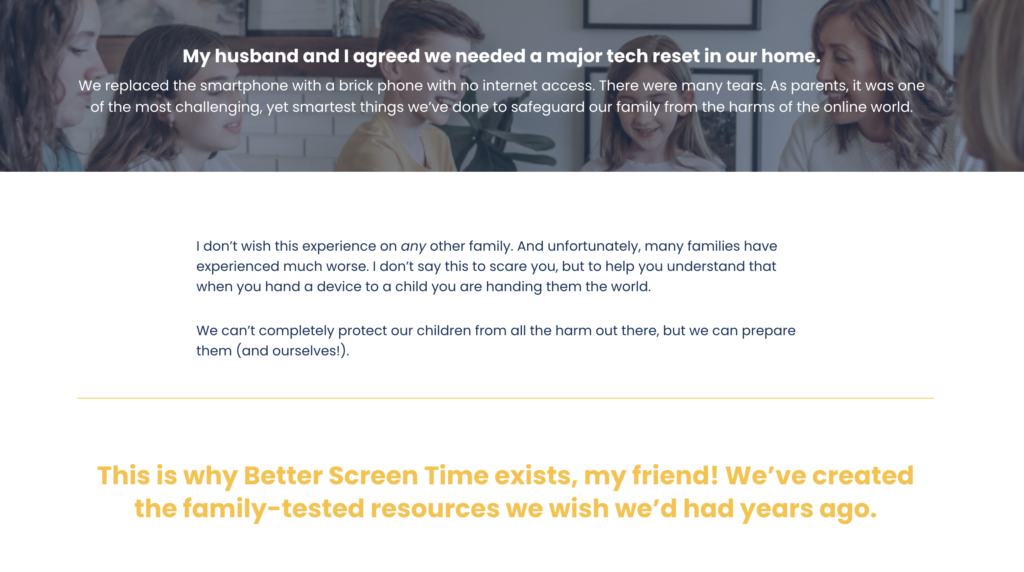 About Page of Better Screen Time created from copy consulting 