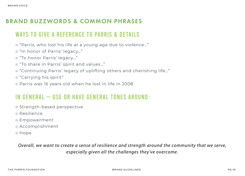 Brand Messaging Guide from the parris foundation website rebrand